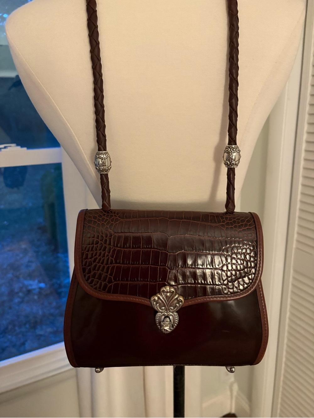 Brighton Dark Brown Croc-Embossed Leather Crossbody with Silver Accents